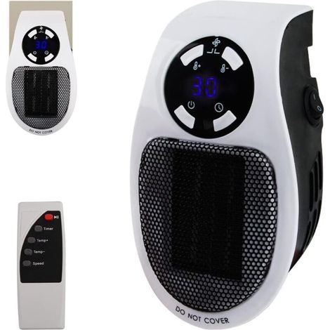 Radiateur soufflant électrique 500W – Mini chauffe-air mural avec télécommande – 2 vitesses d'air – Thermostat et minuterie – Pour espaces jusqu'à 30 pieds²