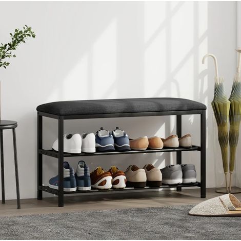 Banco zapatero con asiento acolchado y 2 estantes, 81 x 31 x 50 cm, negro, DESVIAE (1/5)