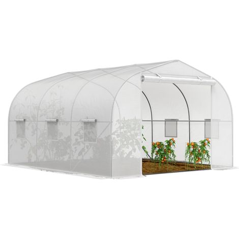 Serre tunnel jardin acier polyéthylène 6 fenêtres porte roulettes grande capacité, 3,5x3x2 m, blanche