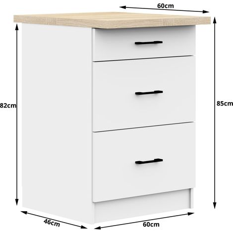 Akord – Armoire de cuisine basse 60 cm – 3 tiroirs – Finition mate blanche – Panneau stratifié – Dimensions 60x46x85 cm