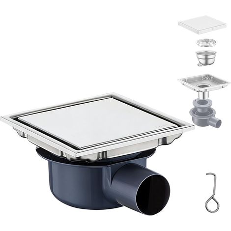 Bonde de douche carrée - 15 cm x 15 cm - En acier inoxydable - Filtre à cheveux - 2 en 1 - Caniveau de douche - Anti-odeurs - Pour salle de bain, cave (argent, 15 x 15 cm) (1/5)