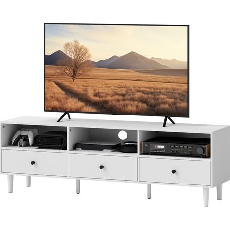 Meuble TV blanc 140 cm avec 3 tiroirs, 3 niches ouvertes et passe-câbles, pour téléviseur jusqu’à 75 pouces, en panneau de particules - CHICFURN (1/5)