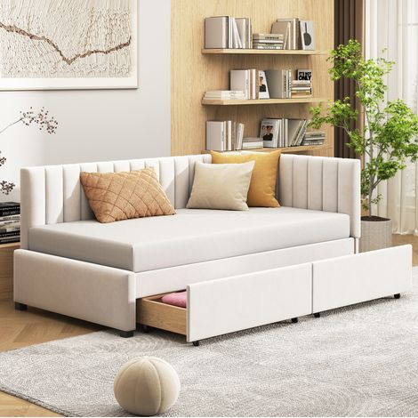 Letto estraibile Letto per bambini 90 x 200 cm con 2 cassetti e rete a doghe, tessuto in velluto, beige (1/5)