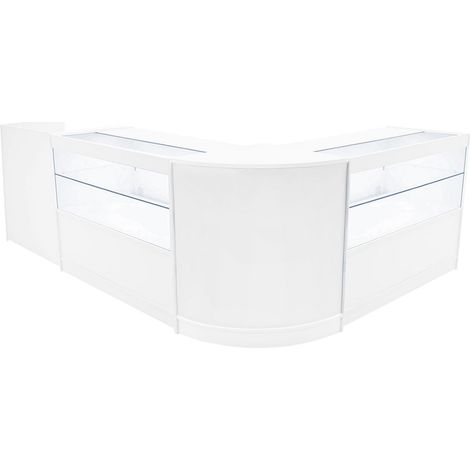 Set Mostradores Comerciales "PHOENIX" Blanco CM60 + 2xC1200 + TB60 MDF y vidrio templado Estantes y puertas corredizas con cerradura Fácil Montaje Mostrador Recepción Expositor Comercial Mesa