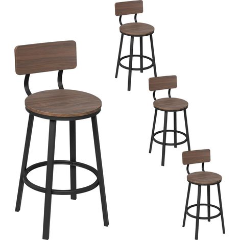 WOLTU 4x Bar Stools Kitchen Stools with Backs and Arms, Metal Frame + MDF Seat Footrest for Home Counter Breakfast, Dark wood effect