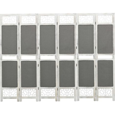 Paravento divisorio 6 pannelli 210 x 165 cm tessuto grigio e legno bianco DEC031073