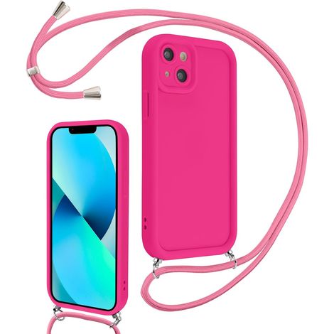 Coque pour iPhone 13 6,1" avec Cordon de Collier Réglable, Etui Protection de la Caméra Silicone Souple TPU Antichoc Housse avec Corde Lanyard Cover pour Femmes Filles, Rose Rouge (1/5)