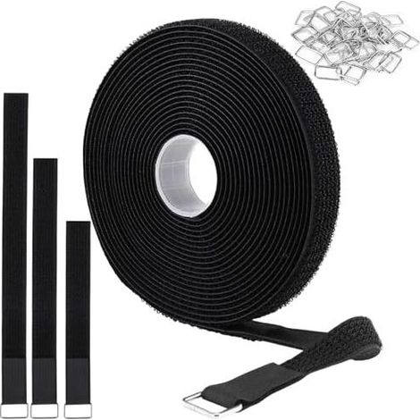 Nastro adesivo con velcro da 5 m x 2 cm con 25 anelli metallici – Fascetta per cavi riutilizzabile e ritagliabile per fili, tubi, uso domestico ed esterno, colore nero (1/5)