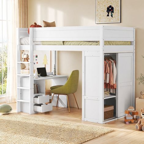 Lit 90x200 avec bureau armoire et tiroirs blanc HAVRYA (1/5)