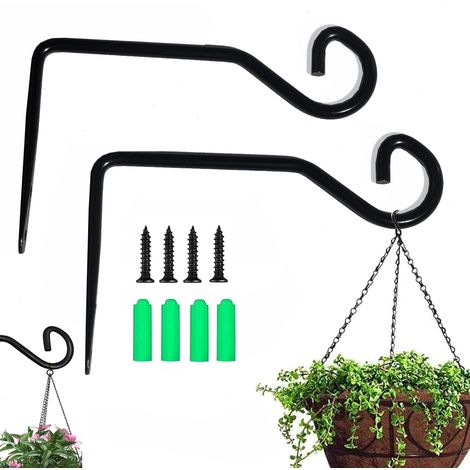 Lot de 2 supports muraux pour plantes - 15 cm - Pour suspendre des jardinières, mangeoires à oiseaux, lanternes, carillons éoliens, appliques murales - Noir (1/5)