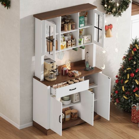 Credenza alta da cucina con scaffali con 4 ante, cassetti, LED e prese, in MDF, Naturale e Bianco, 105 × 40 × 185 cm (1/5)