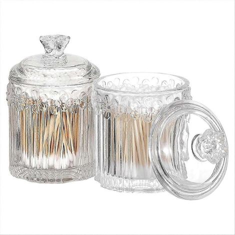 Lot de 2 jolis bocaux en verre avec couvercle, bocaux à bonbons, boîtes de rangement pour produits de beauté et cotons-tiges (transparents) (1/5)