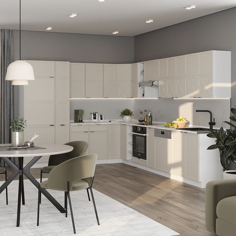 Cucina angolare completa Fame-Line, Grigio/beige/bianco, 347 x 257 cm senza piano di lavoro, Vicco
