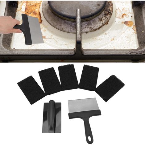 Kit de nettoyage pour barbecue et plaque Ensemble nettoyeur BBQ avec grattoir en acier inoxydable, brosse et 5 blocs spongieux Modèle pratique et durable Matériaux : Acier inoxydable et PP (1/5)