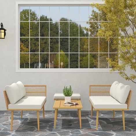 5-Teiliges  modulares Gartenmöbel-Set aus Rattan – 2 Sofas, Hocker und Couchtisch – inklusive Kissen – Creme