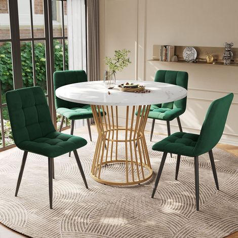 Table salle à manger, plateau laqué chaises velours vert, pieds métal or (1/5)