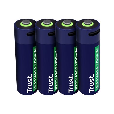 Trust Batteries rechargeables AA USB-C 4 pièces, port USB-C intégré, pas de chargeur nécessaire de Batterie, haute capacité 1700 mAh, chargement avec Cable USB inclus/chargeur de Téléphone, paquet de (1/3)
