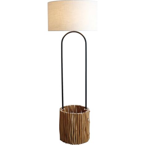 Lampadaire avec Panier à Plantes en Bois Flotté et Abat-jour en Lin Crème 155 cm - PANGIVO (1/5)