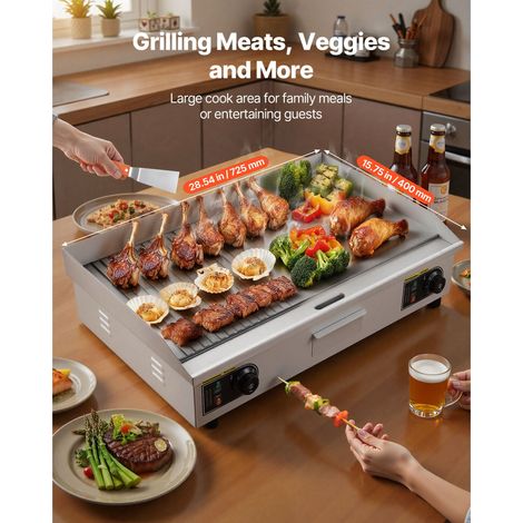 Plancha électrique pro 72,5x40 cm 4400W thermostat 50-300°C inox comptoir demi nervurée demi lisse 2 spatules 2 brosses viande sans prise (1/5)