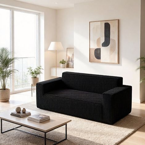 DESMIU Canapé 2 Places avec assise profonde, mousse à rebond rapide, en Côtelé, Noir (1/5)
