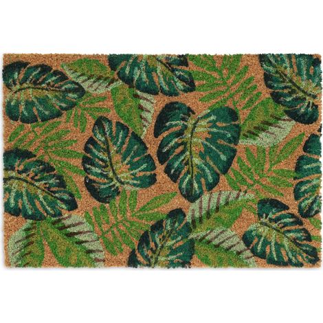 Relaxdays Felpudo Entrada Casa, de Coco, Alfombrilla Hojas de Monstera, 40x60 cm, Antideslizante, Exterior, Multicolor