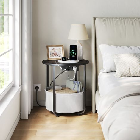 WOLTU Couchtisch rund, Beistelltisch mit Steckdose, Kaffeetisch Sofatisch mit Stoffkorb Metallrahmen, Wohnzimmertisch bis 35 kg, für Wohnzimmer Schlafzimmer Büro, Schwarz + Grau (1/5)