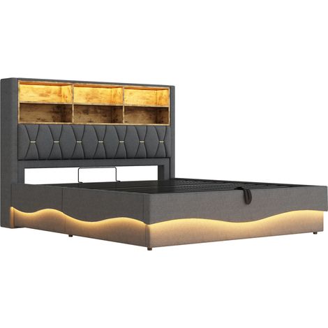 Polsterbett 180x200 cm mit LED-App, USB, Metall-Lattenrost, Grau (1/5)