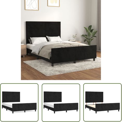 The Living Store Cadre de lit sans matelas noir 140x190 cm velours - Lit Double - Cadre De Lit - Lit Avec Tête De Lit - Tête De Lit Réglable - Lit Velours (1/5)