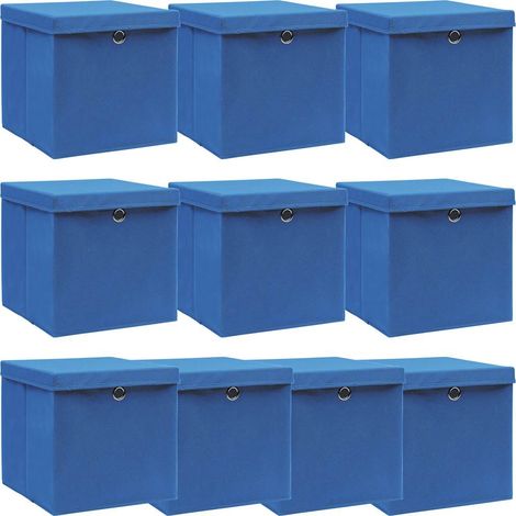 Boîtes de rangement avec couvercle 10 pcs Bleu 32x32x32cm Tissu