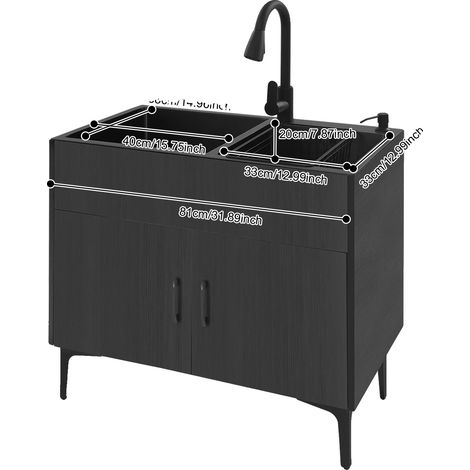 Fregadero doble para lavandería, grifo retráctil, negro (1/2)