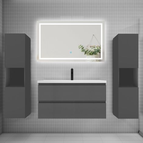 Ensemble meuble de salle de bains 100cm, vasque + colonne + LED miroir mural,anthracite (1/5)