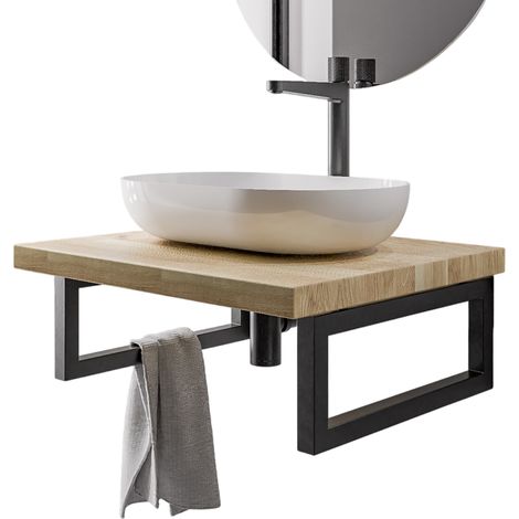 Waschtischplatte Bernstein PUREWOOD Eiche Massiv mit Handtuchhalter - 60 cm, Schwarz matt
