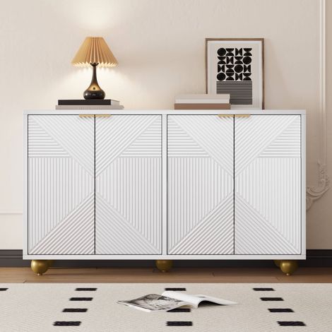Buffet bas 120 x 35 x 71,5 cm, meuble de rangement 4 portes sculptées, étagères réglables en MDF, pieds dorés, salon, blanc (1/5)