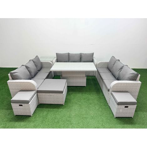 Fimous PE Rattan Lounge Sofa Set 12 Seater Outdoor Garden Furniture Set with Adjustable Lifting Dining or Coffee Table 3 Seater Sofa 3 Stools Side Table Light Grey (1/5)