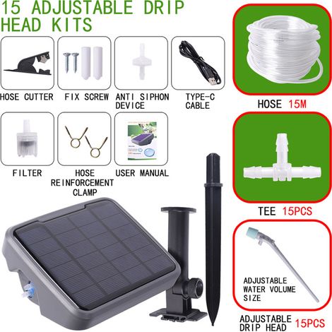 Ortviai Arrosage Automatique Solaire pour Plantes d'Intérieur/Extérieur – Kit Goutte-à-Goutte avec 15 Émulateurs, Batterie 3600 mAh