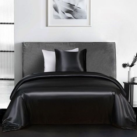 1 Bettwäscheset: Bettbezug 140 x 200 cm, Kissenbezug 65 x 65 cm, Polyester-Satin, Schwarz, Erwachsene (1/5)