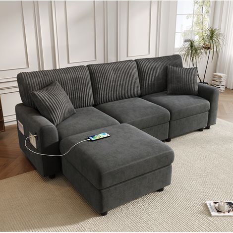 Divano moderno 223x146x84 cm nero in ciniglia e corduroy con porta USB, Type-C e pouf (1/5)