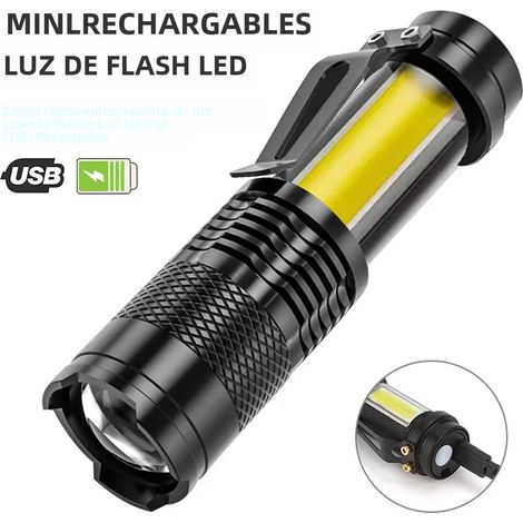 Mini lampe torche tactique LED rechargeable par USB avec batterie, LED COB, zoomable, étanche. (1/5)