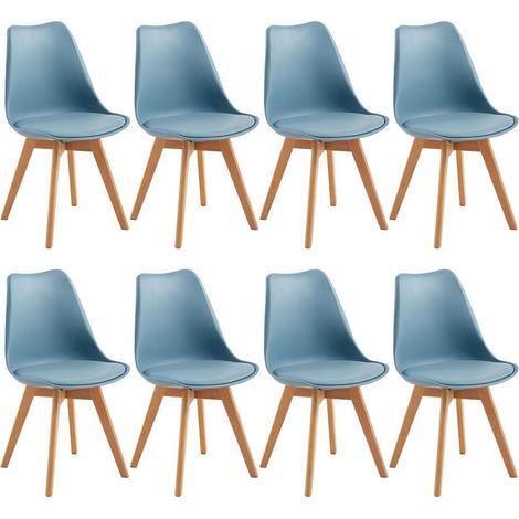 8er Set Esszimmerstühle mit Massivholzbeinen, skandinavisches Design, PU-Leder, Lichtblau (1/5)