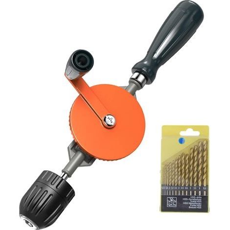 Perceuse à Main, Perceuse Manuelle à Double Pignon de 3/8 Pouces (1-10mm) avec Mandrin de Précision sans Clé, Chignole à Main en Acier Moulé avec 13PCS Forets pour Bois Plastique, Orange (1/5)