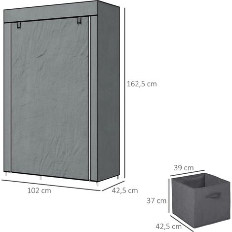 Placard textile pliable avec tiroirs et penderie, gris anthracite à zip, en feutrine légère pour optimisation d'espace, rangement compact. (1/5)