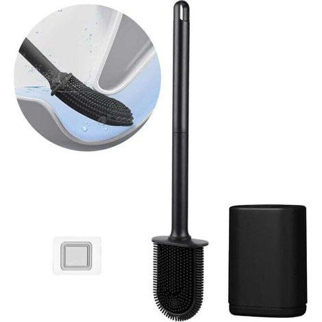 Silikon-Toilettenbürste, flache, flexible Toilettenbürste, Badezimmer-Toilettenbürste mit schnelltrocknendem Behälter, Wandmontage ohne Bohren, schwarze Silikon-Toilettenbürste