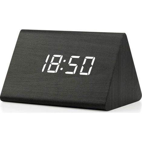 Digitaler Wecker, Wecker aus Holz, moderner dreieckiger digitaler Tischwecker aus Holz, zeigt Uhrzeit, Datum, Temperatur und Kalender an. (1/5)