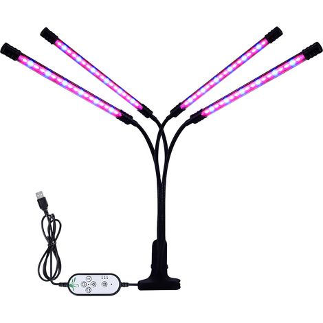 Lámpara de cultivo LED de 4 cabezales, luz azul/roja, espectro completo, temporizador de 4/8/12 horas, 5 niveles de brillo, pinza, brazo flexible ajustable, USB (1/5)