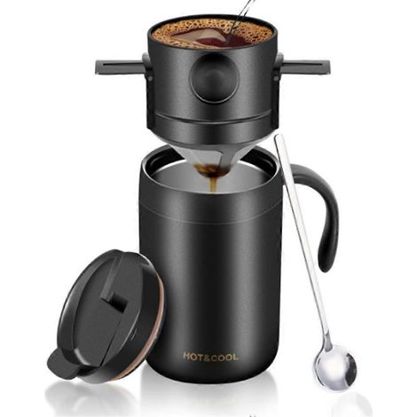 Ensemble cafetière portable de camping avec tasse à café en acier inoxydable et filtre à café, idéal pour les voyages, le camping, le bureau et la randonnée. (1/5)