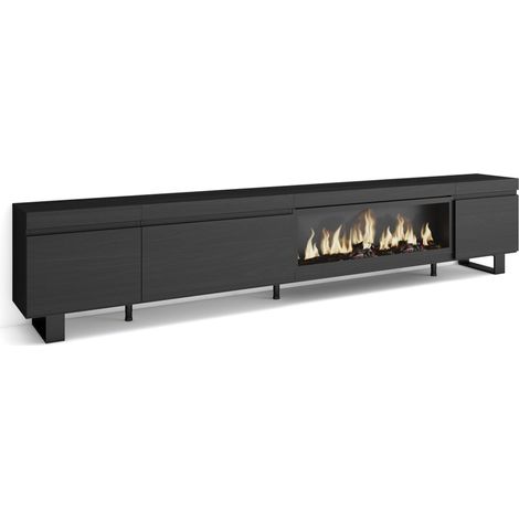 Skraut Home - Meuble TV, Banc Télé, Grand espace de Rangement, 288x57x35 cm, TV grand format, Cheminée électrique XXL, Design industriel, Style moderne, Noir (1/5)