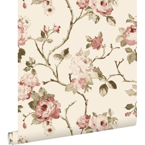 papier peint fleurs vintage vert grisé et rose - ESTAhome (1/5)