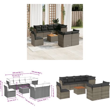 9-tlg. Garten-Sofagarnitur mit Kissen Grau Poly Rattan - Gartensortiment - Gartenmöbelset - Outdoor Möbel - Lounge Set - Esstischgarnitur - Home & Living (1/3)