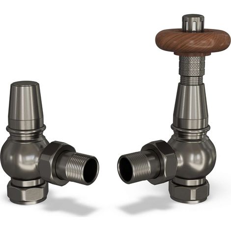 Derry Traditional - Pewter Thermostatic Radiator Valve & Lockshield Angled 10mm