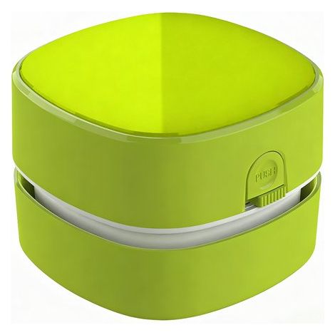 Aspirateur de table compact et vert, fonctionnant avec des piles AA (piles non incluses), longue autonomie et tête de nettoyage rotative à 360°. (1/4)